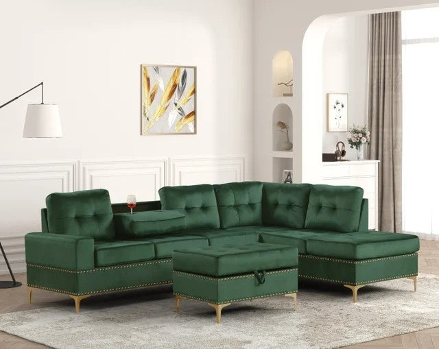 Anserra Green Reversible Sectional with Ottoman Set